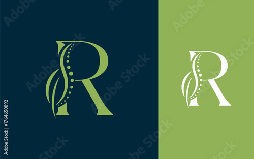 Abstract Initial letter R with chiropractic or spinal backbone logo design vector illustration