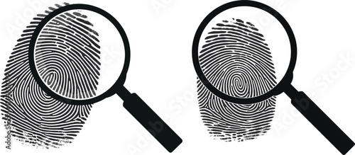 Two Magnifying Glasses Examining Fingerprints Black and White Graphic examination analysis