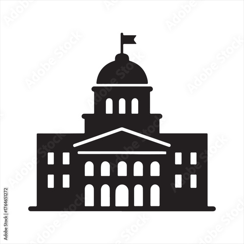 A black silhouette of a classical government building featuring a prominent dome, columns, and a flag atop its highest point.