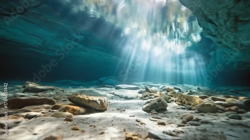 Serene underwater scene showcasing sunlight filtering through water, illuminating rocky bottom in a tranquil cave-like environment, ideal for nature and exploration themes