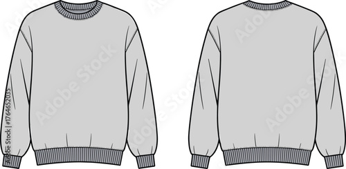 CAD drawing flat vector illustration of unisex crew neck sweatshirt, minimal fashion design, casual pullover, front and back technical sketch