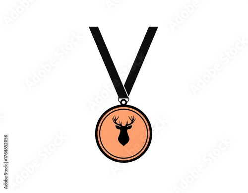 A bronze-colored medal with a deer head silhouette, black ribbon, and white background