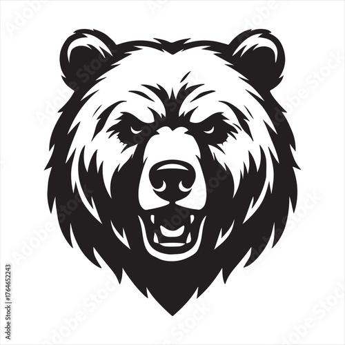Fierce grizzly bear head illustration with an angry expression and open mouth