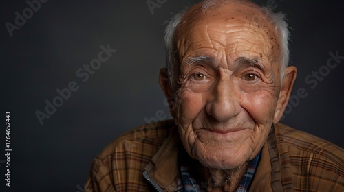 Elderly man portrait smiling with wrinkles, authentic senior face close up in natural light