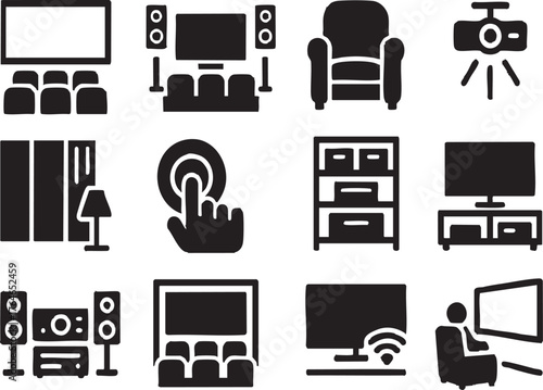 Family Home Theater Icon Set include, Screen Display, Surround Sound, Comfortable Seating, Projector System, Acoustic Treatment, Lighting Control, Media Storage, Entertainment Center, Audio Equipment