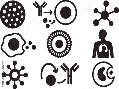 Nano Drug Delivery Art Icon Set include, Nanoparticles, Targeted Therapy, Molecular Structures, Cellular Transport, Liposome Visualization, Biomedical Illustration, Quantum Dots