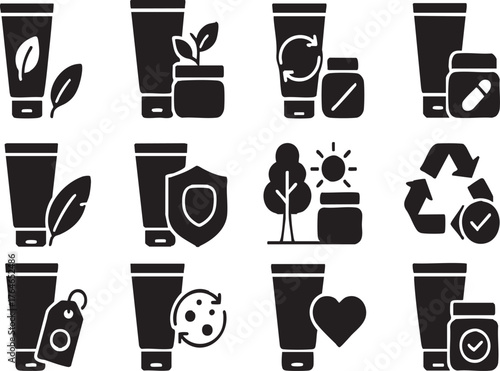 Biodegradable Cosmetics Packaging Icon Set include, Sustainable Materials, Eco-Friendly Design, Compostable Components, Reduced Plastic, Natural Fibers, Product Protection, Environmental Impact etc.