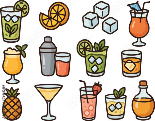 Summer Cocktail Beverage Icon Set include, Fresh Ingredients, Citrus Flavors, Ice Preparation, Tropical Fruits, Mixology Techniques, Garnish Selection, Refreshing Taste, Colorful Presentation