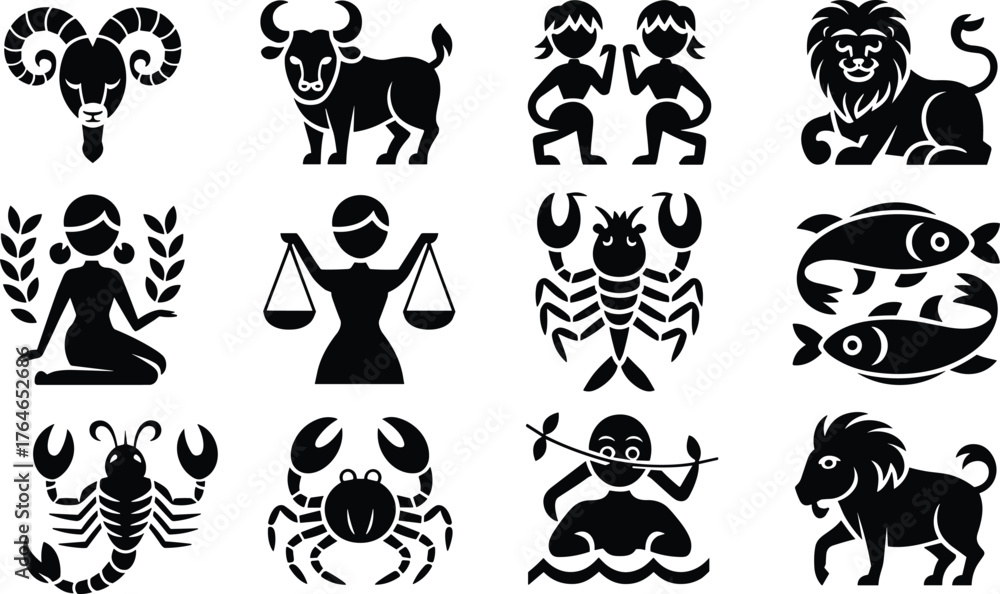 Obraz premium Twelve Black Zodiac Constellation Symbols on White Background astrology horoscope