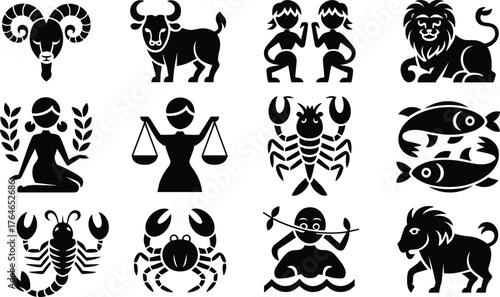 Twelve Black Zodiac Constellation Symbols on White Background astrology horoscope