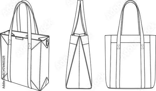 Tote bag technical sketch, handbag design blueprint, sewing pattern, fashion accessory illustration, CAD drawing flat vector illustration, product template