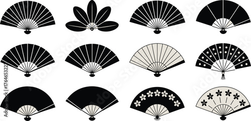 Collection of twelve black and beige Japanese folding fans and decorative elements Japanese fan