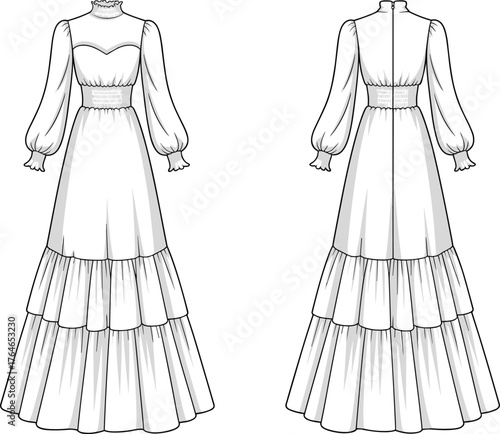 CAD drawing flat vector illustration of elegant long sleeve maxi dress with tiered skirt, shirred waist, and high neckline design