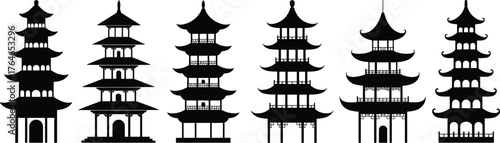 Traditional Asian pagoda tower silhouettes vector illustration, ancient temple architecture design, black and white oriental landmark icons, cultural heritage art, minimalist style