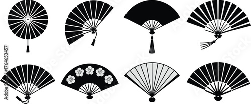 Collection of eight black and white graphic fans with tassels and floral designs vector