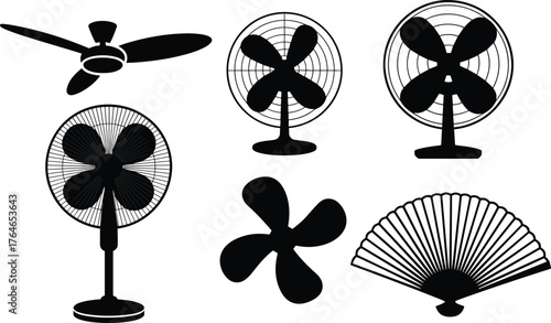 Collection of black fan silhouettes including ceiling fan desk fan and hand fan white