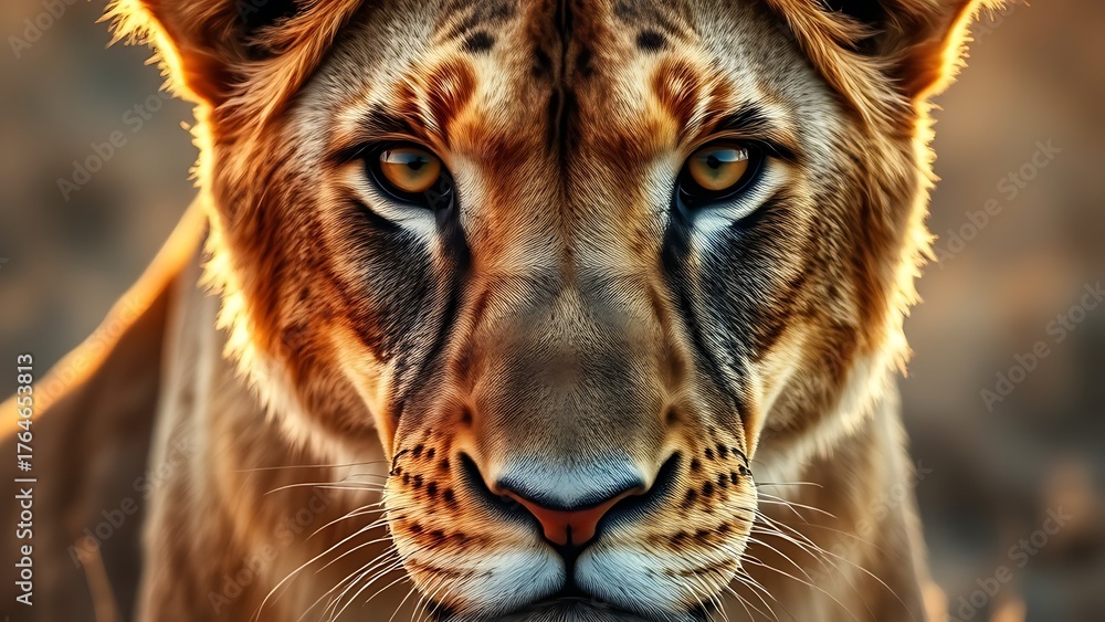 Fototapeta premium Lioness with a focused gaze, showcasing detailed fur under warm savanna sunlight.