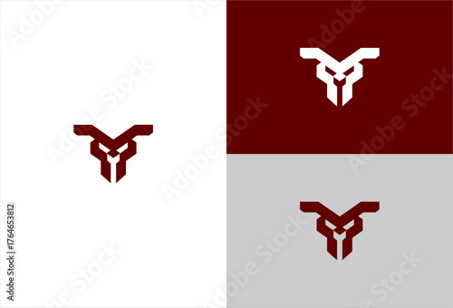 Abstract, geometric, dark-red stylized helmet on 3 backgrounds