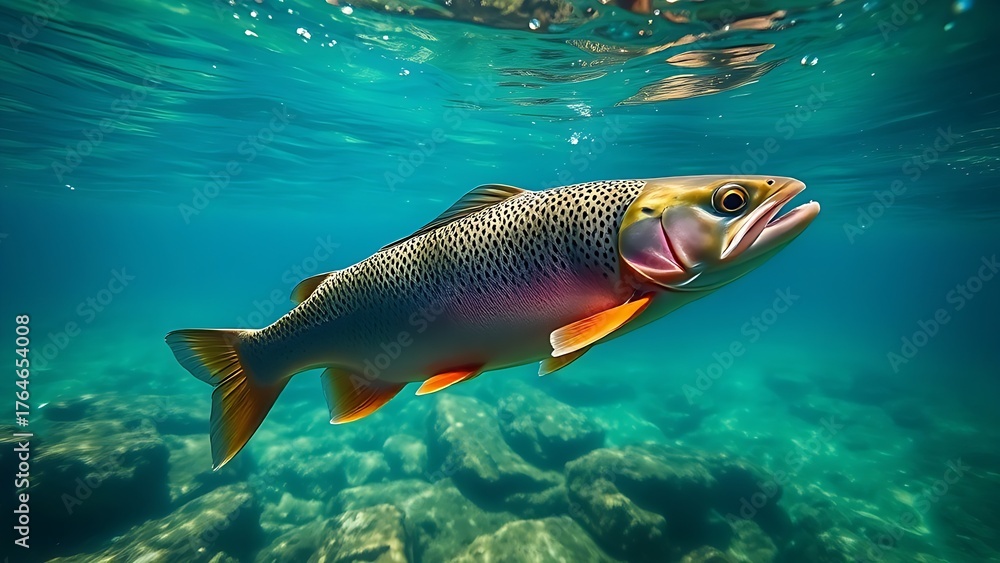Naklejka premium A trout glides through crystal-clear waters in a serene underwater scene with natural lighting.