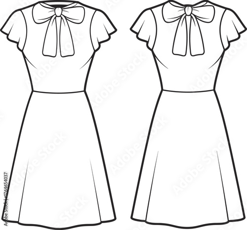 Women’s bow tie dress vector template, flutter sleeve dress fashion flat sketch, front and back technical drawing, apparel design illustration