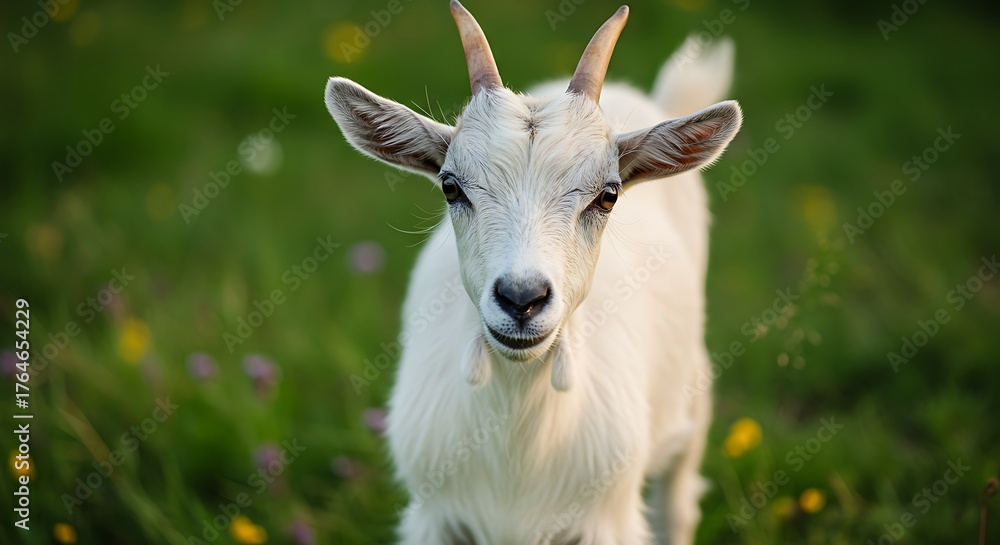 Obraz premium A close-up shot of a white goat in a field, with selective focus