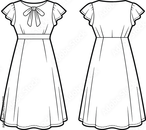 Women’s midi dress vector template, flutter sleeve dress with bow detail, fashion flat sketch, front and back technical illustration