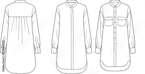 Women’s long shirt dress technical flat sketch, front and back view, fashion clothing design template, cad drawing flat vector illustration
