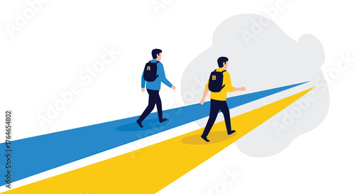 Two people walking on separate paths towards a cloud formation