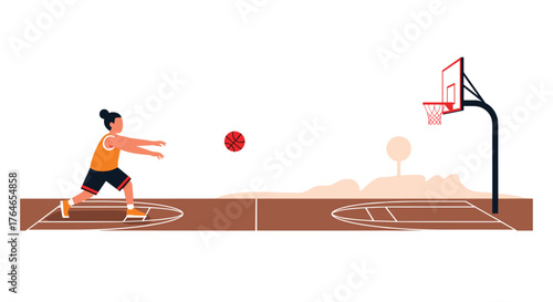 Athlete throwing a basketball towards a hoop on an outdoor court in a park setting