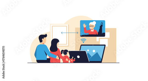 Family connecting virtually with elderly relative through video call technology