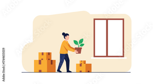 Woman Moving House Carrying a Potted Plant Among Cardboard Boxes
