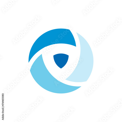 Circular blue shield logo forming eye shape symbolizing protection, security, and vision technology.