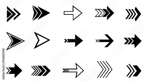 Geometric Black Arrow Silhouette Icons Set – Minimal Vector Design with Sharp Angles, Abstract Directional Navigation Symbols, Modern Flat Style Isolated on White