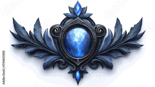 ethereal gemstone icon intricate blue fantasy emblem with ornate leaves framing a glowing gemstone centerpiece illustrative