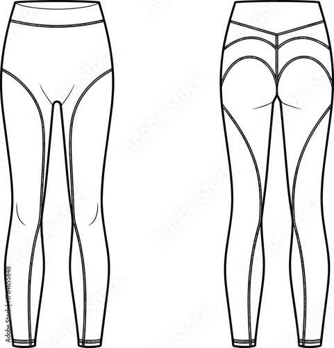 CAD drawing flat vector illustration of women yoga leggings with contour seams and stylish back panel activewear design
