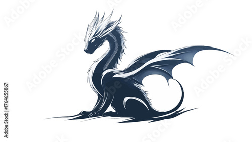 Tribal Dragon Icon Design, Monochrome Illustration with Blue Detail, Fantasy Theme, Digital Art, Isolated on White Background
