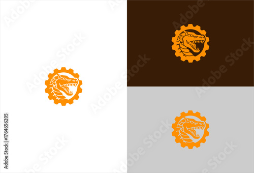 Orange dragon head inside a gear on white, brown, and gray backgrounds