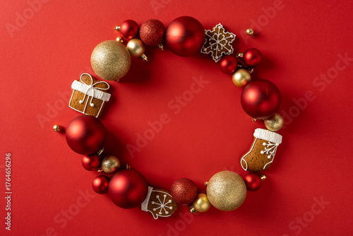 Fotografija A festive holiday wreath features red and gold ornaments, gingerbread stockings,