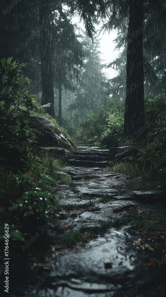 Fototapeta premium Misty Forest Trail With Rain-Soaked Stone Pathway