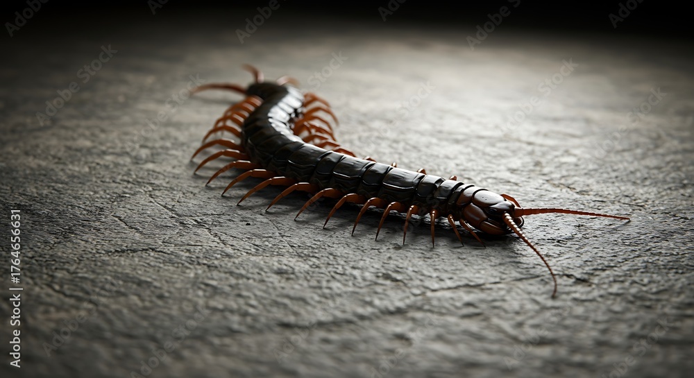 Fototapeta premium A close-up shot of a centipede crawling on a textured stone surface, lit from above