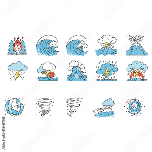 Natural Disaster Icons Set climate change environment weather hazard danger risk emergency flood wildfire tornado hurricane earthquake