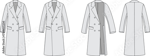CAD drawing flat vector illustration of double breasted long trench coat for women fashion design with front and back view template