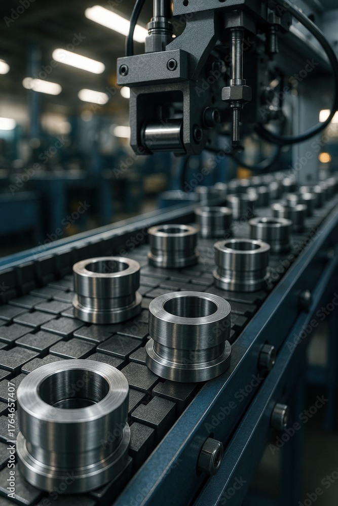 Fototapeta premium operation occupation mechanized concept. Automated machinery producing metal components on a conveyor belt.