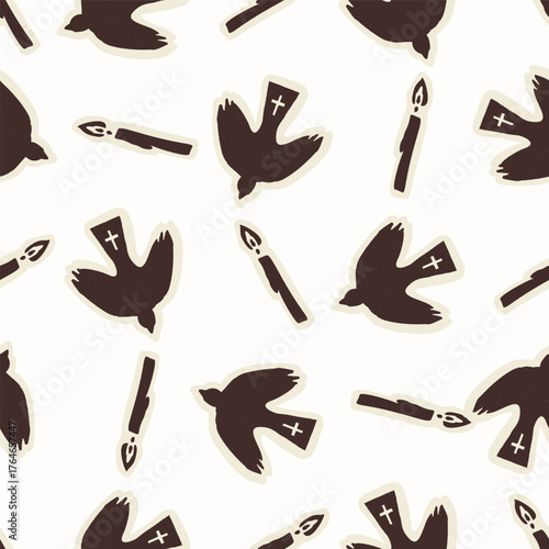Christian holy dove hand drawn seamless vector pattern. Religious home decor background for sunday school bible study motif. Reflection candle symbol all over print. 
