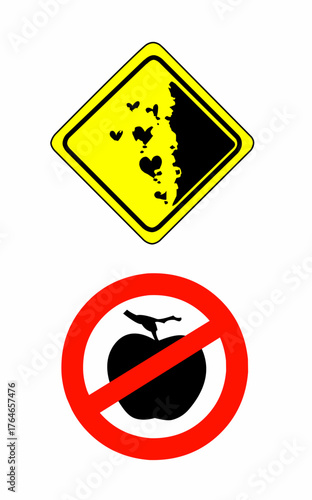 a sign that says Landslide warning and a sign that says no apples sticker doodle vandalism