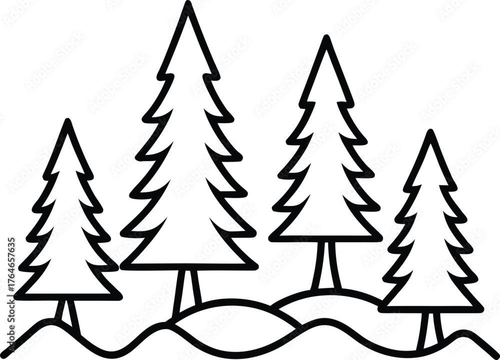 Obraz premium Minimalist black line art of a winter forest scene with four evergreen trees on rolling hills