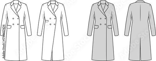 CAD drawing flat vector illustration of women long trench coat with double breasted design, pockets, and tailored lapel fashion template