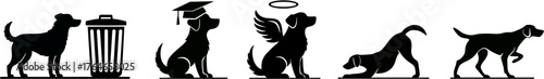 Dog Silhouette Vector Set Showing Pet Life Stages and Roles – Abandoned, Trained, Angelic, Playful, and Alert Poses – Flat Minimal Icons for Animal Welfare, Memorial, and Service Themes