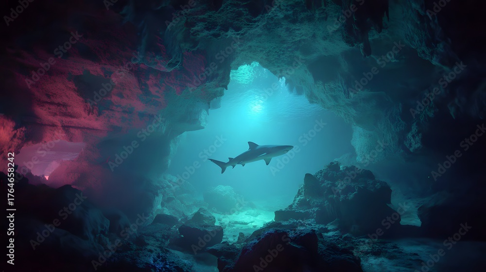 Fototapeta premium Silhouette of a shark swimming through an illuminated underwater cavern entrance