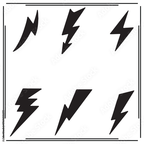 Set of Four Black Lightning Bolt Icons - Electric Flash, Power Symbol, Thunderbolt Silhouettes on White Background